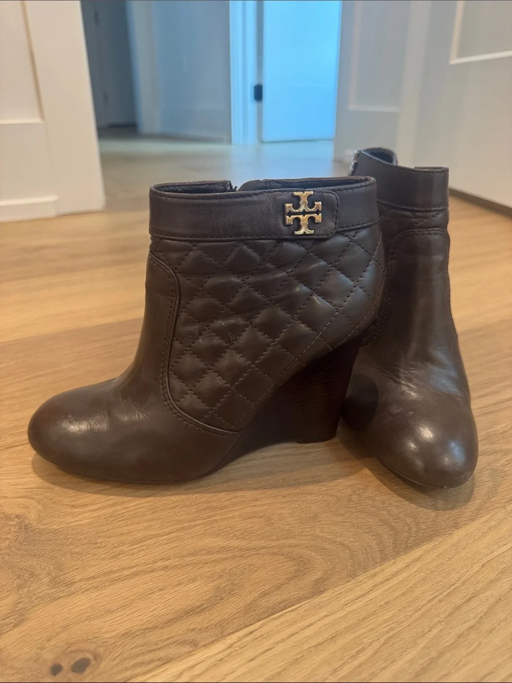 Tory Burch Brown Quilted Leather Wedge Ankle Booties with Gold Logo